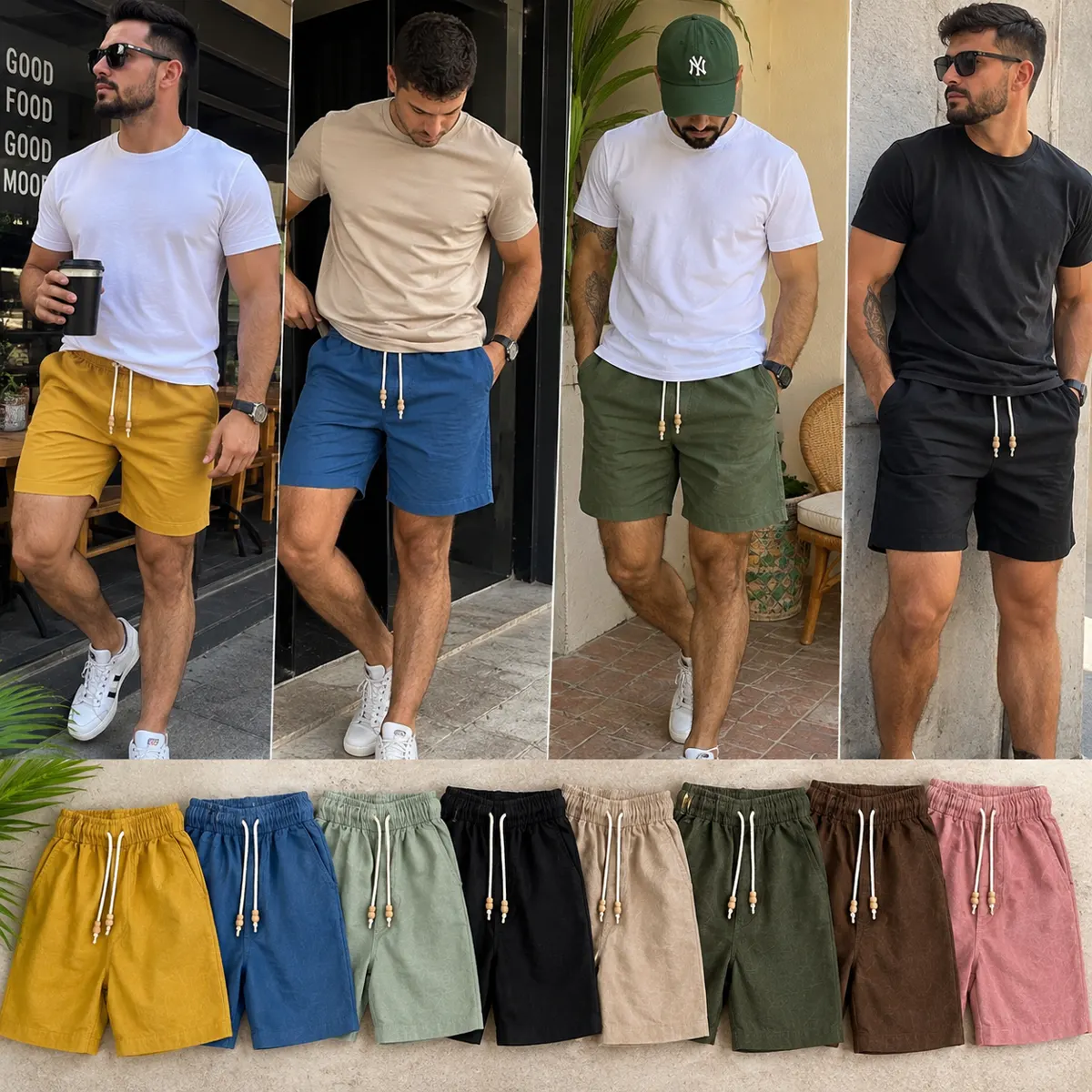 Modelos vestindo bermudas de linho masculinas em todas as cores