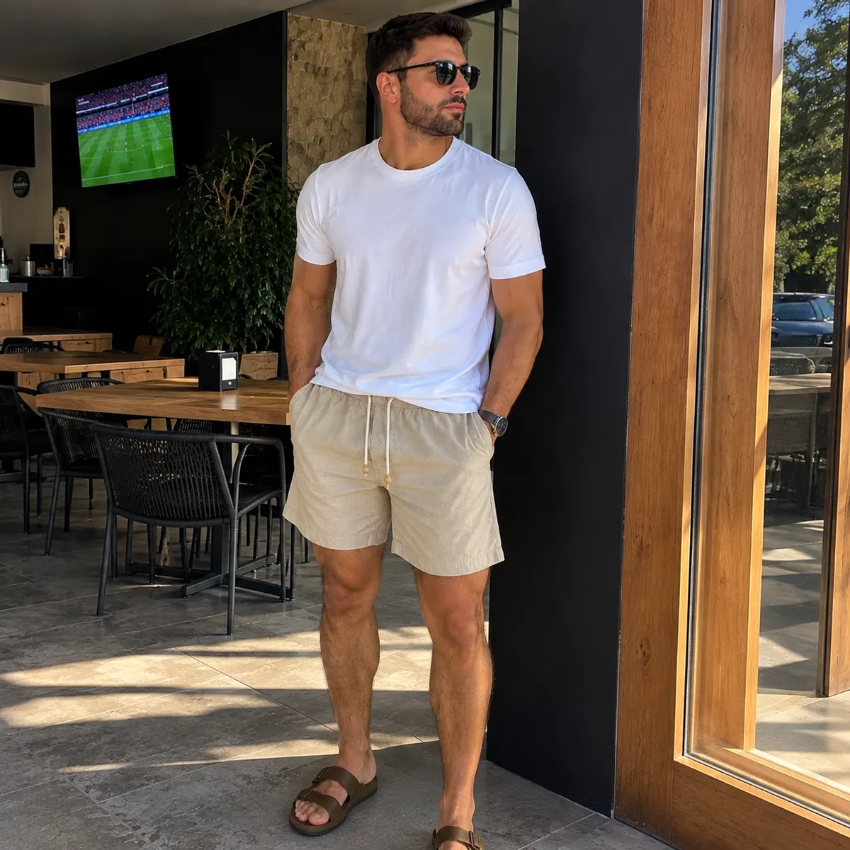 Homem vestindo bermuda de linho bege com camiseta branca