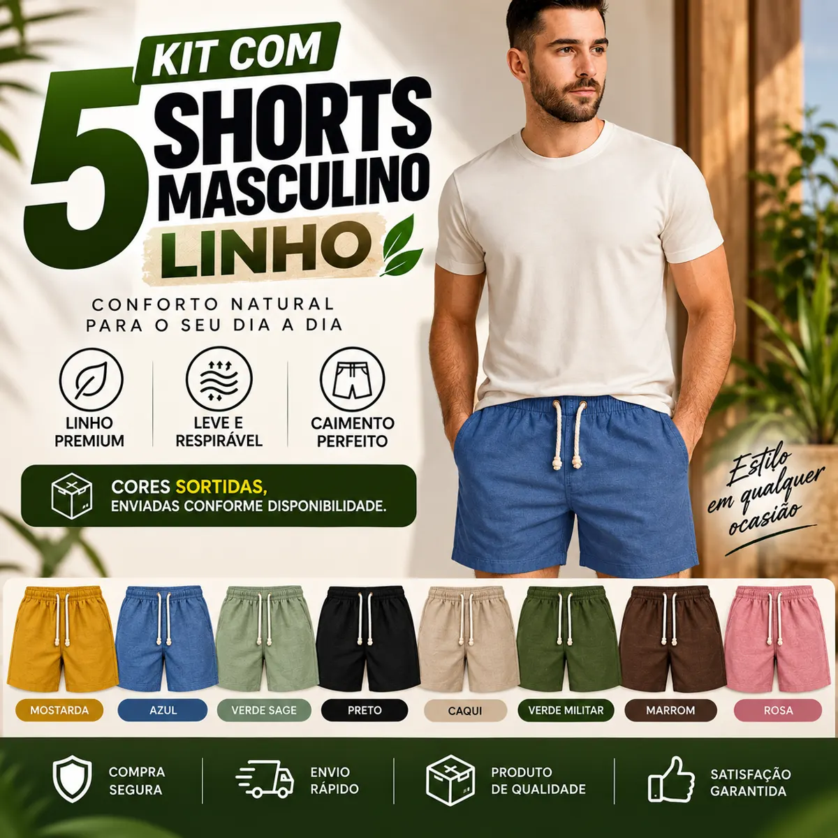 Kit de 5 bermudas de linho premium masculina em cores disponíveis