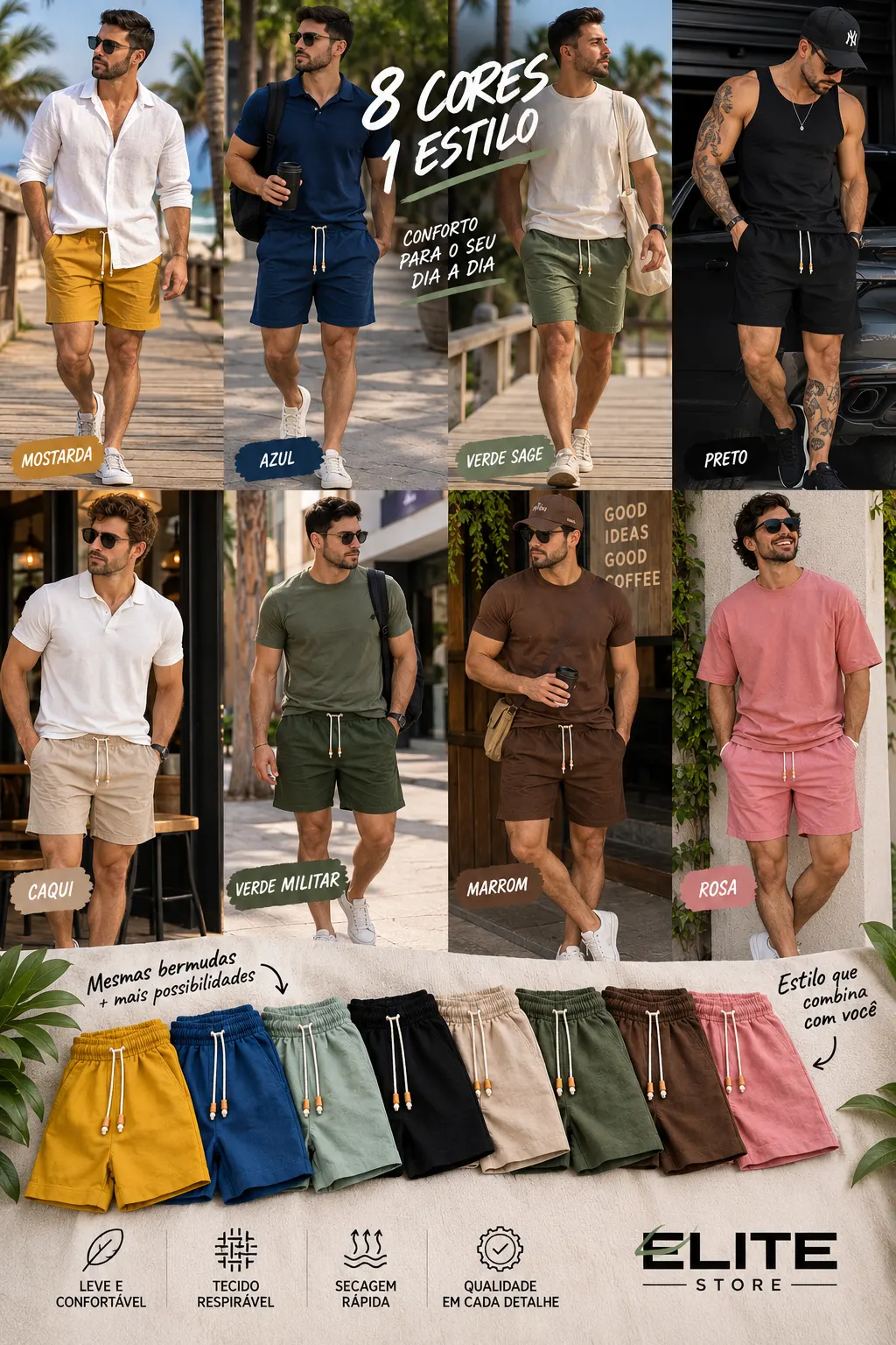 Modelos vestindo as cores do kit de bermudas de linho masculino