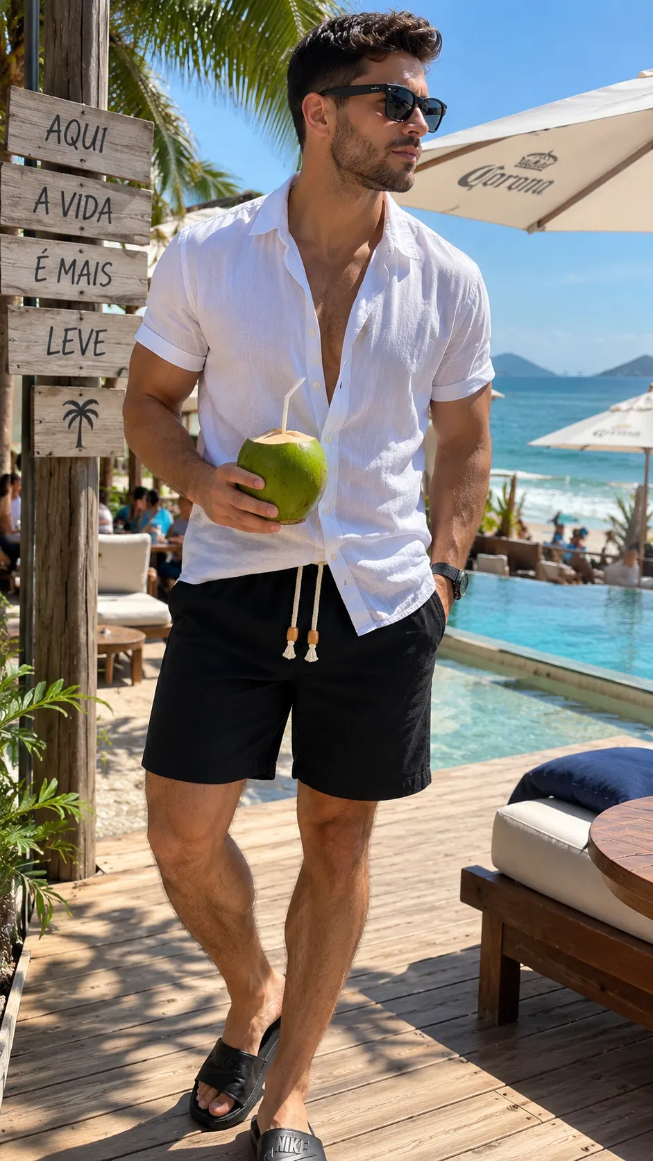 Modelo vestindo bermuda de linho preta em ambiente de praia e piscina