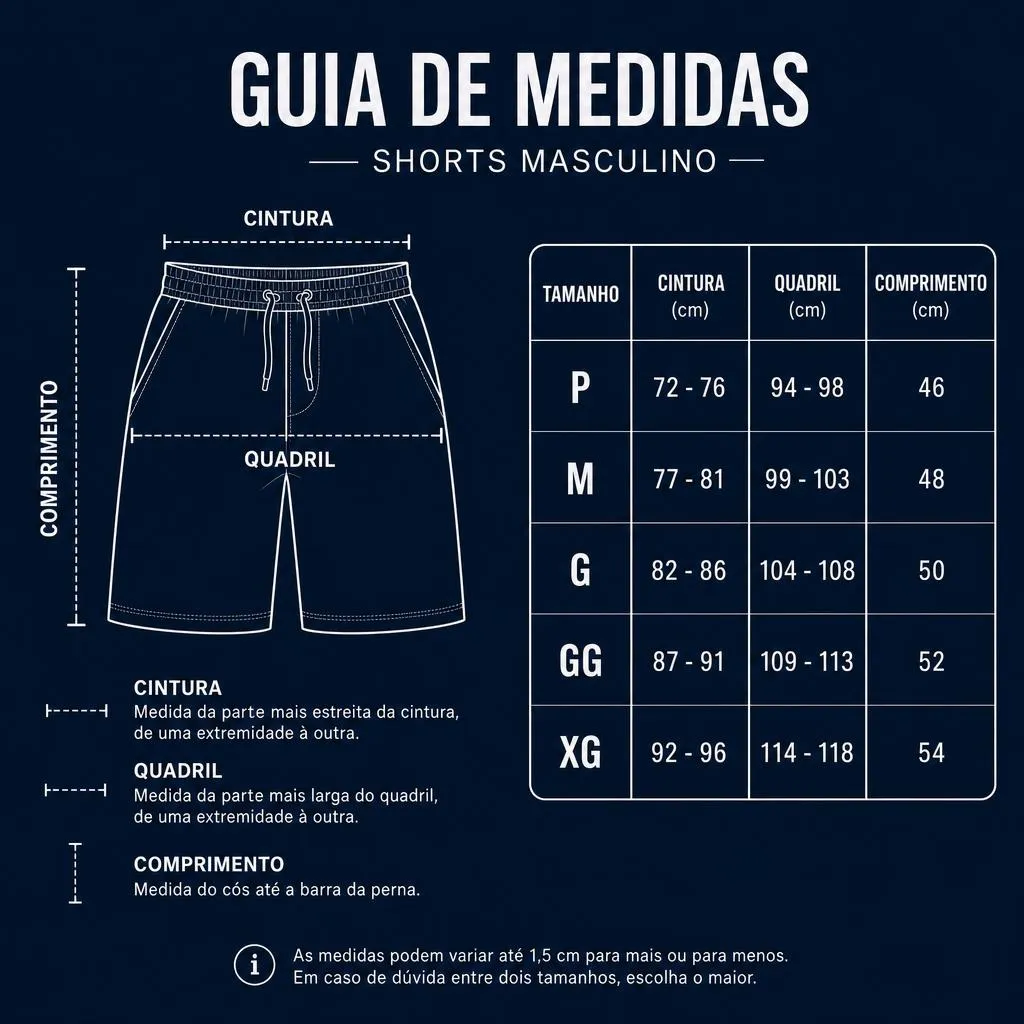 Guia de medidas dos shorts masculinos com cintura, quadril e comprimento por tamanho